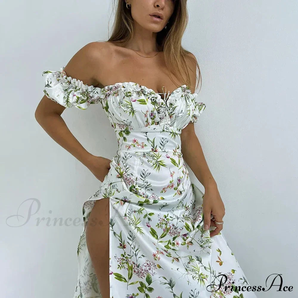 Summer Off Shoulder Puff Sleeve Lace Up Side Split Chic Aesthetic Floral Dress image 9
