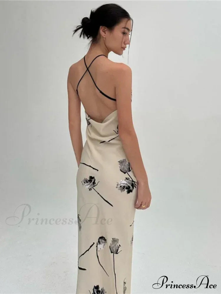 Summer Print Long Halter Backless Satin Split es Women Hot Vestidos Floral Dress image 3