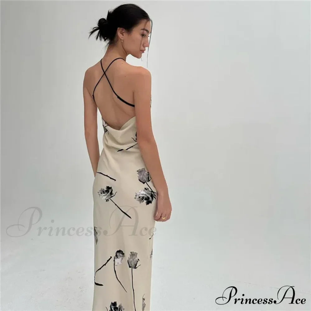 Summer Print Long Halter Backless Satin Split es Women Hot Vestidos Floral Dress image 7