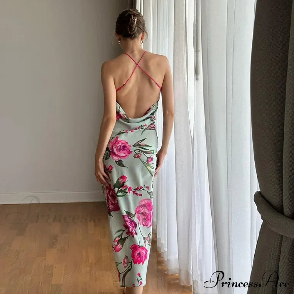 Summer Print Long Halter Backless Satin Split es Women Hot Vestidos Floral Dress image 9