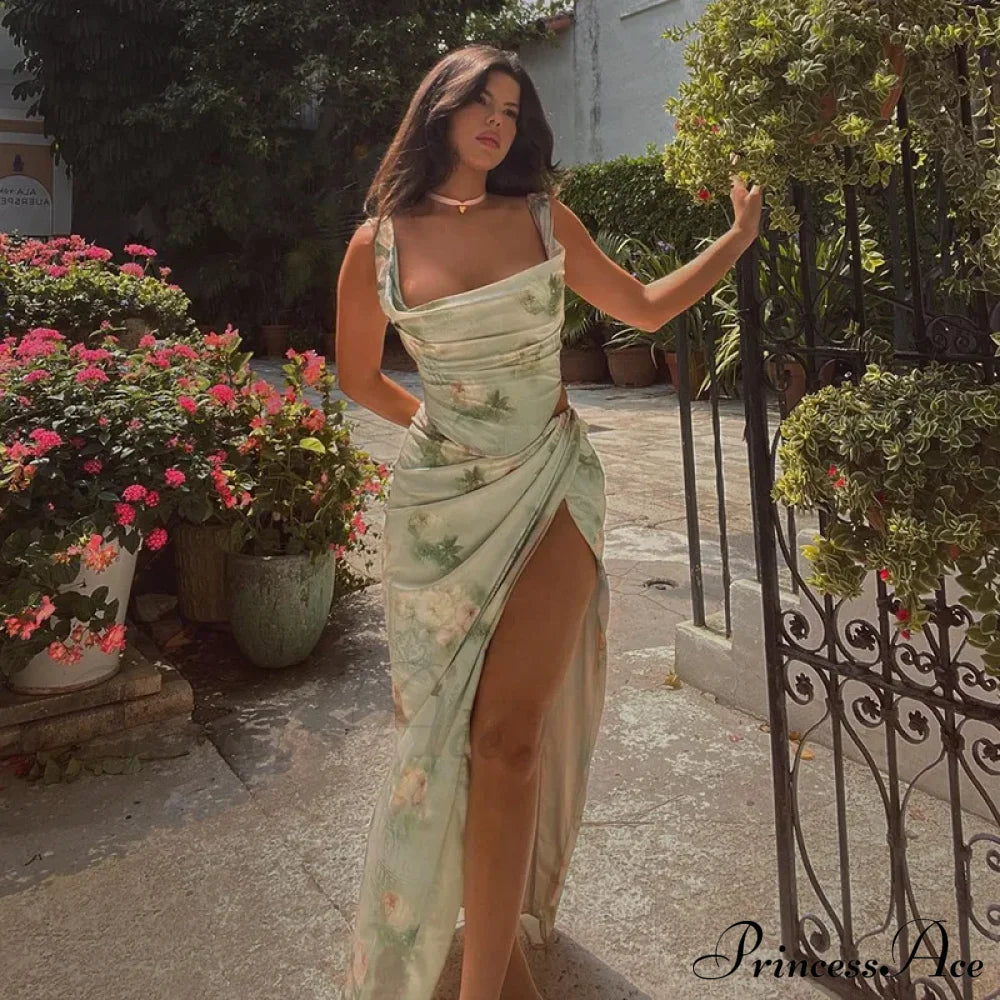 Rose Print High Waist Slit Maxi Dress image 1