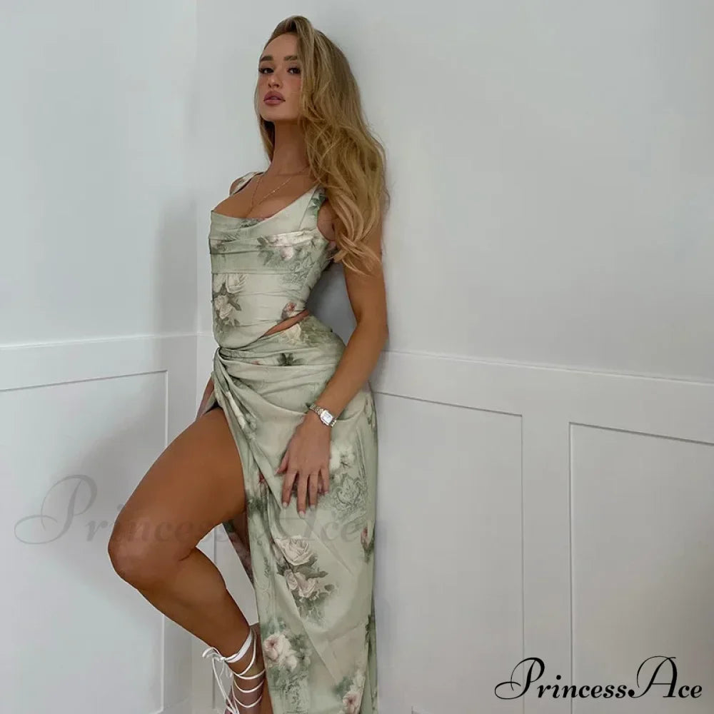 Rose Print High Waist Slit Maxi Dress image 2