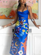 Summer Sexy Satin Backless Graceful Printed Sleeveless Midi Dress image 2