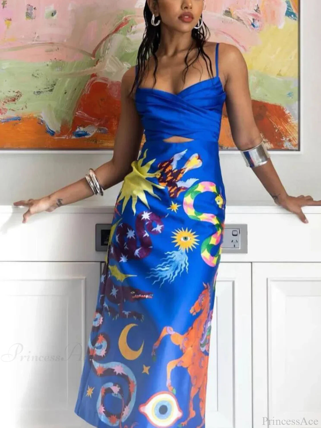 Summer Sexy Satin Backless Graceful Printed Sleeveless Midi Dress image 2