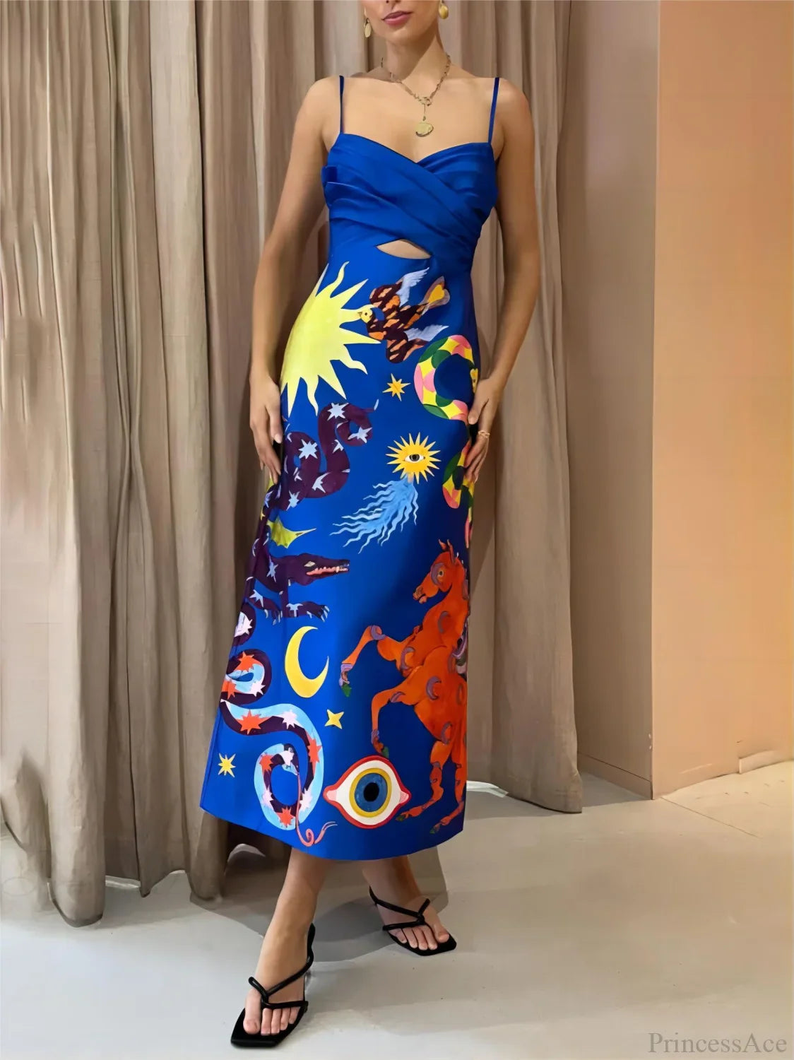 Summer Sexy Satin Backless Graceful Printed Sleeveless Midi Dress image 1