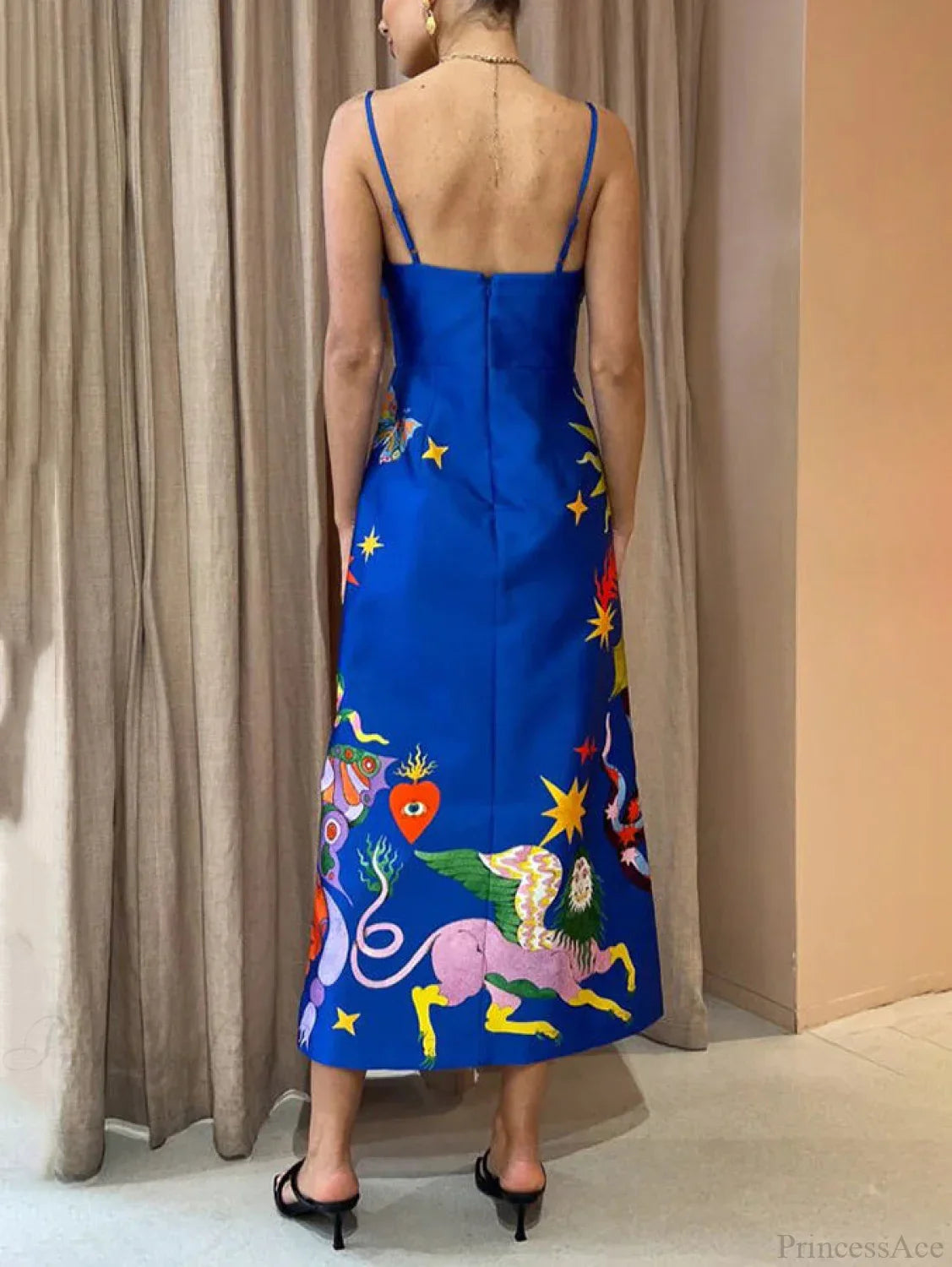 Summer Sexy Satin Backless Graceful Printed Sleeveless Midi Dress image 4