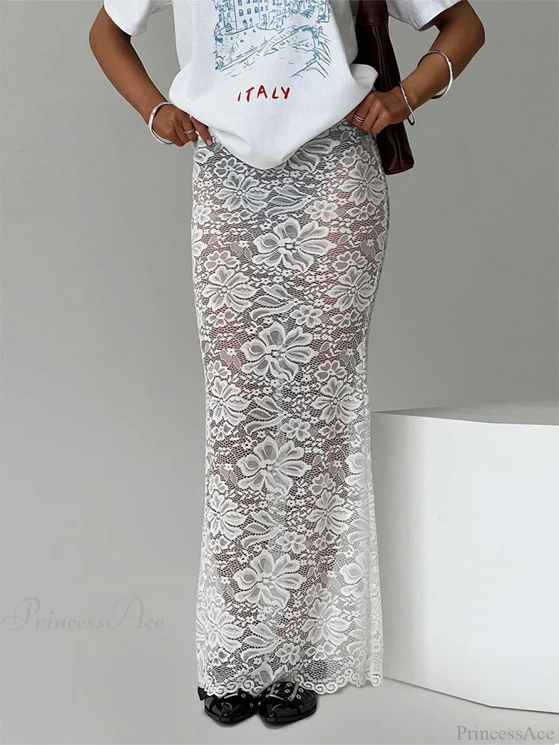 Summer Sexy Sheer Lace Floral Long Skirt Y2K Party image 1