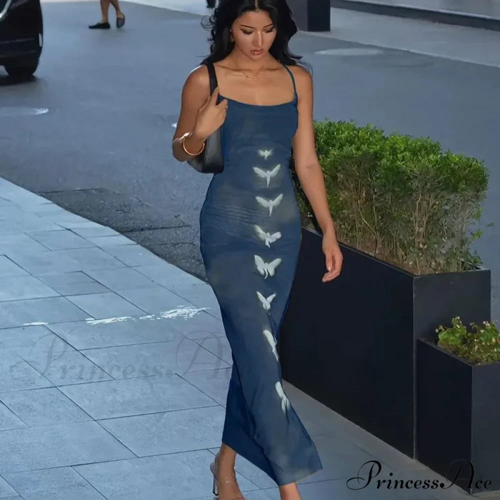 Summer Sleeveless Fashion Print Backless Slim Strap Long Elegant Club Party Bodycon Dress image 2