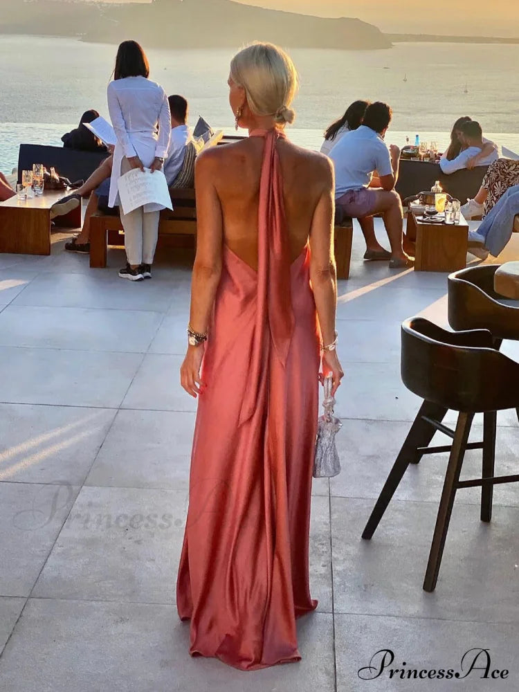 Summer Temperament Satin Charming Halter Swing Gown Dresses image 8