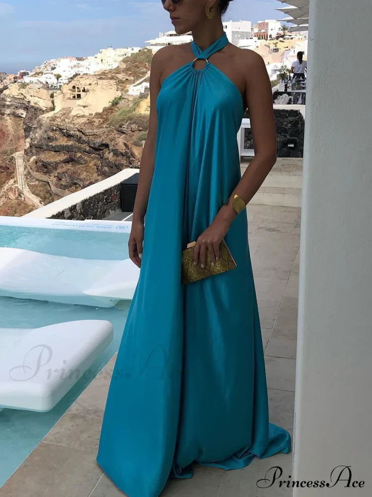 Summer Temperament Satin Charming Halter Swing Gown Dresses image 4