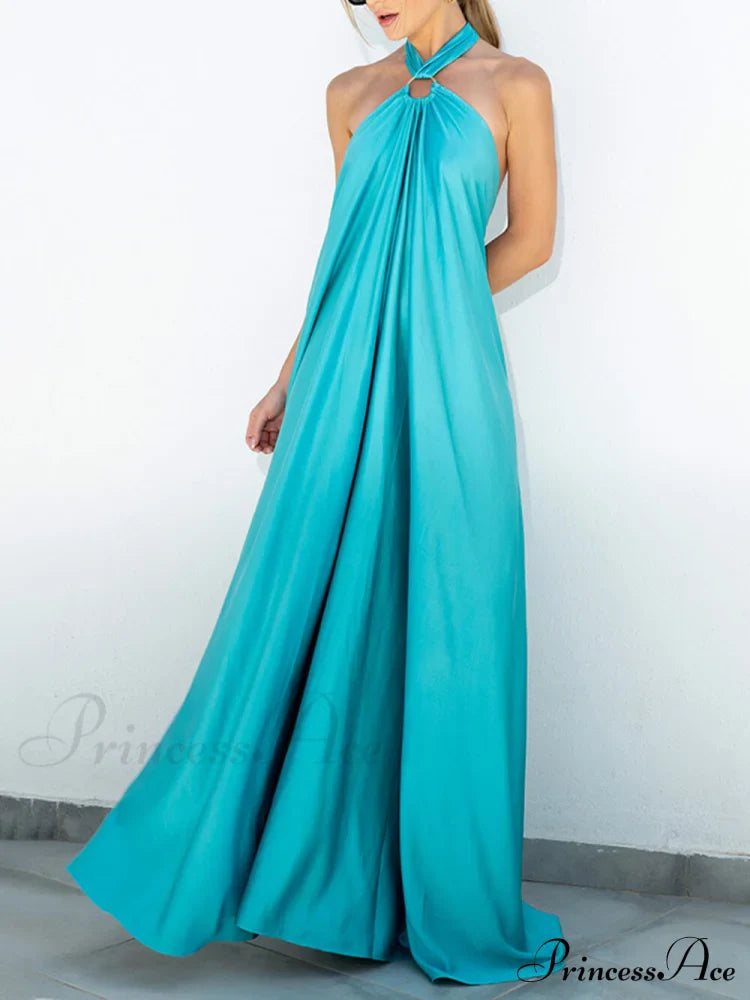 Summer Temperament Satin Charming Halter Swing Gown Dresses image 5