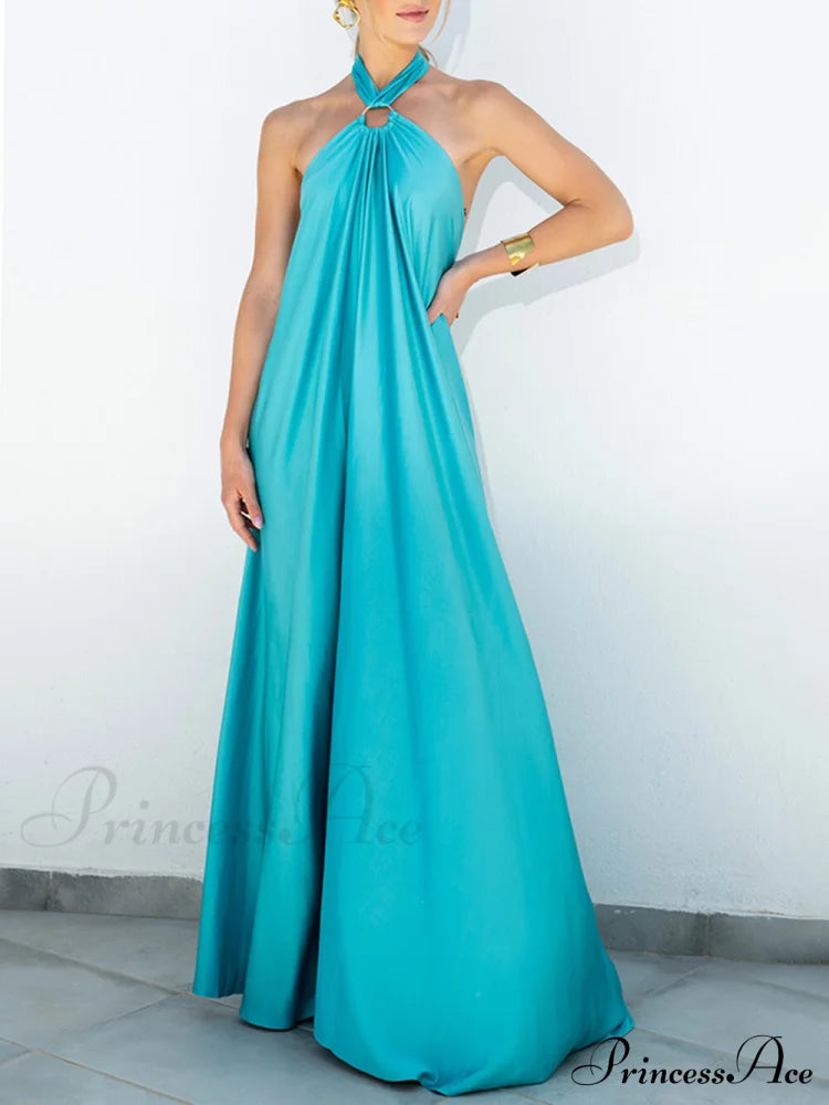 Summer Temperament Satin Charming Halter Swing Gown Dresses image 3