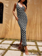 Summer V-Neck Striped Crochet Graceful Slit Sexy Maxi Dress image 1