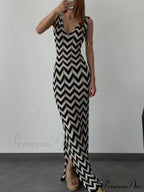 Summer V-Neck Striped Crochet Graceful Slit Sexy Maxi Dress image 2
