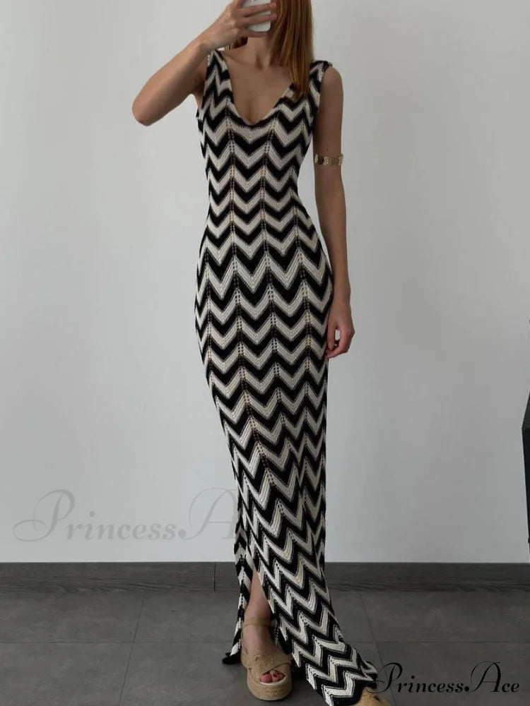 Summer V-Neck Striped Crochet Graceful Slit Sexy Maxi Dress image 2