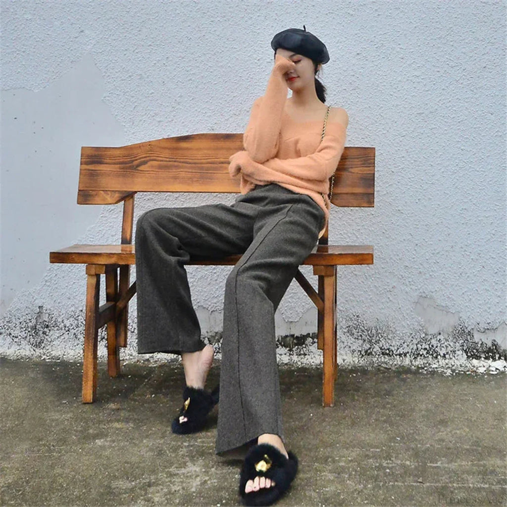 Super High Waist Wool Blend Warm Loose Cashmere Thick Woolen Pants image 7