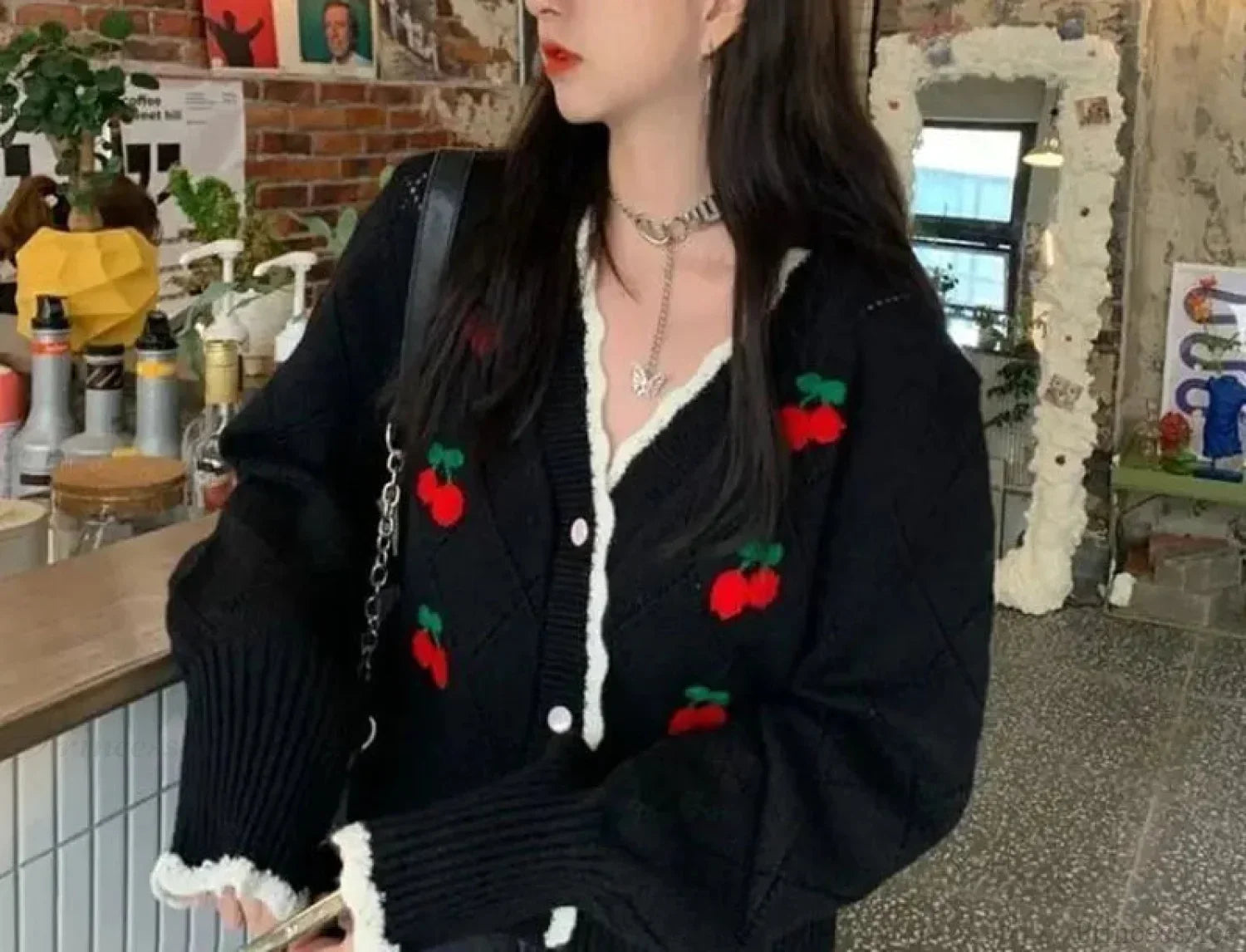 Sweet Cherry Button-Up Patchwork Knit Cardigan image 5