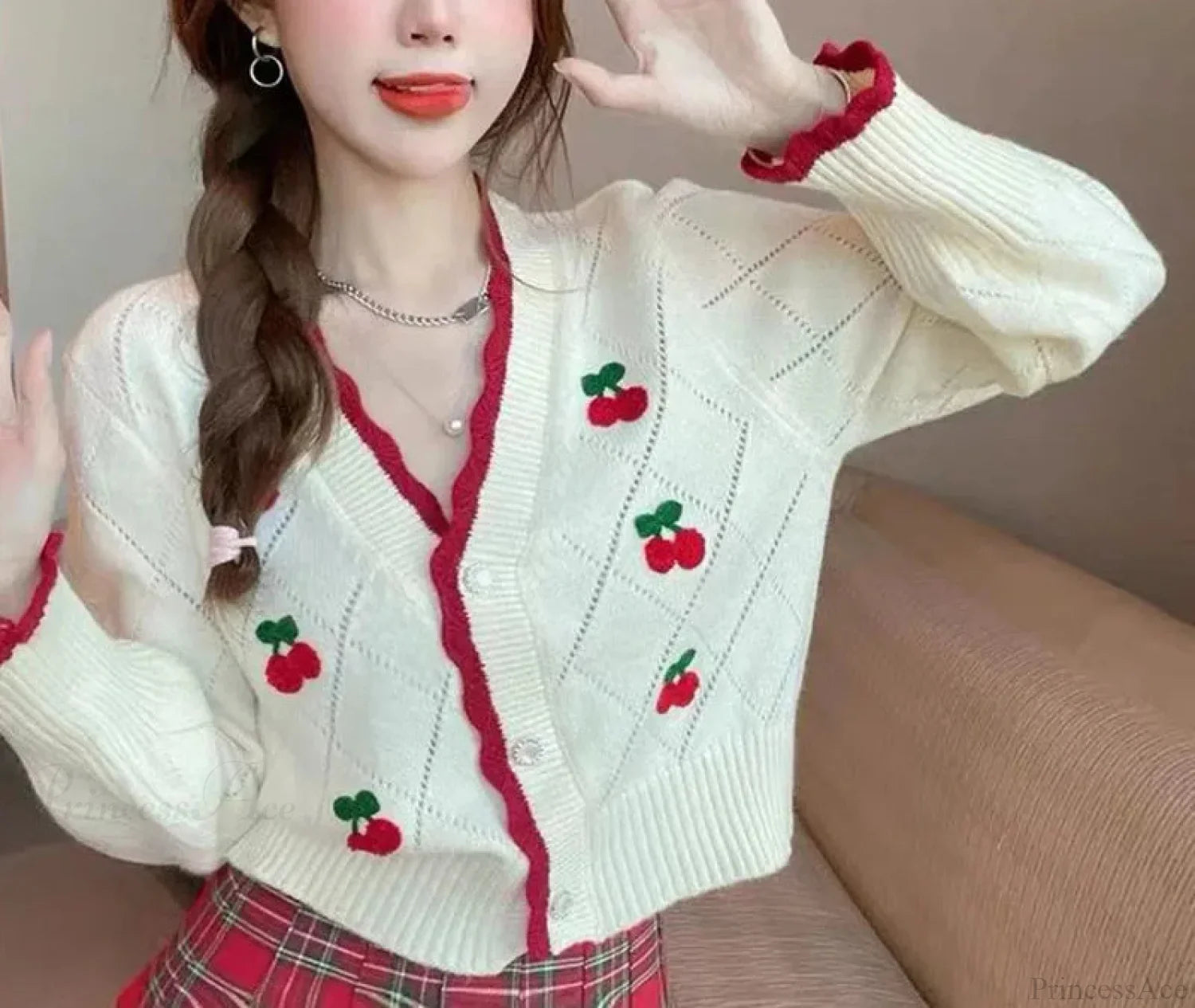 Sweet Cherry Button-Up Patchwork Knit Cardigan image 2