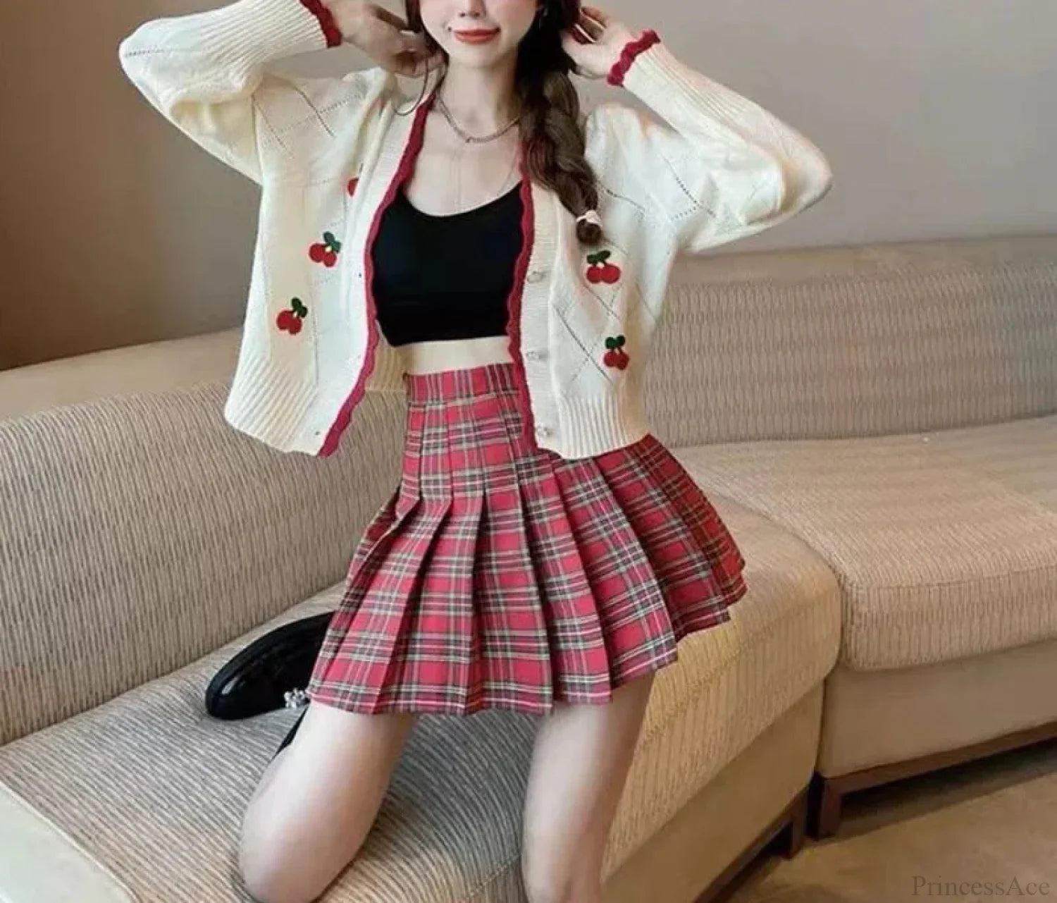 Sweet Cherry Button-Up Patchwork Knit Cardigan image 3