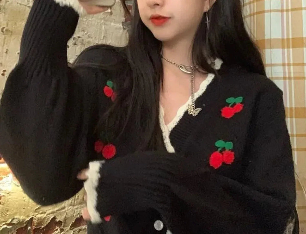 Sweet Cherry Button-Up Patchwork Knit Cardigan image 4