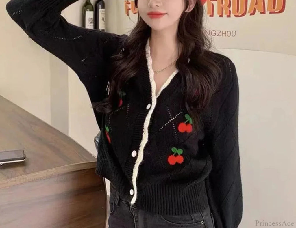 Sweet Cherry Button-Up Patchwork Knit Cardigan image 6