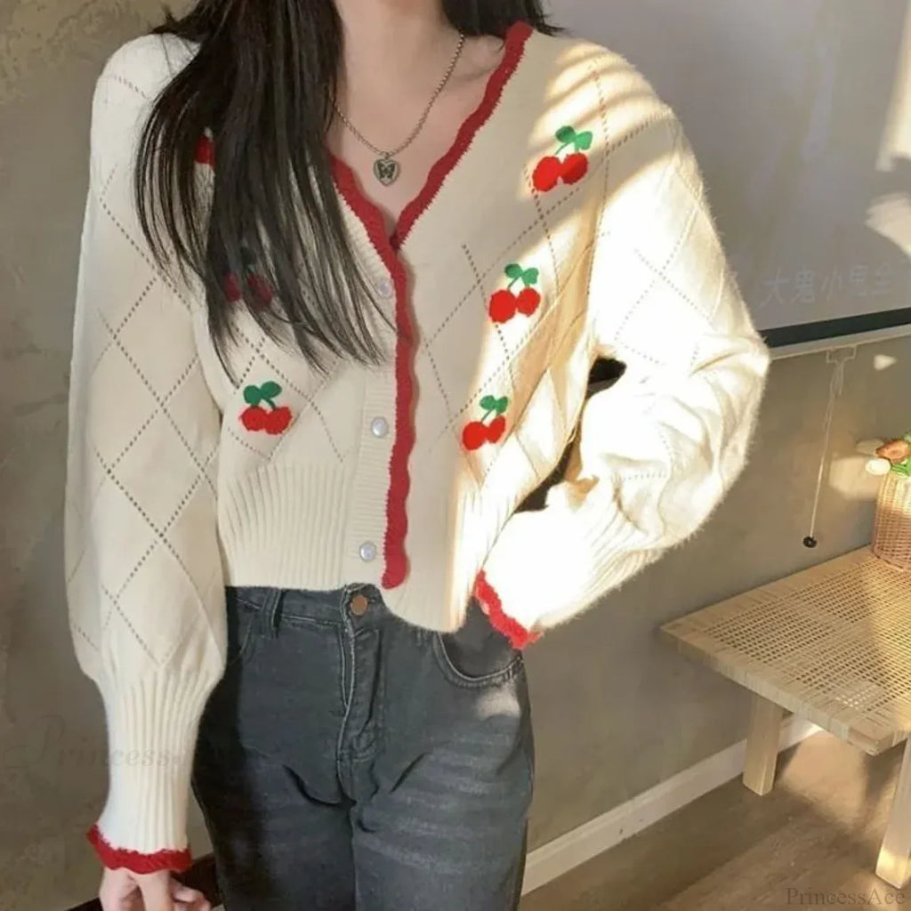 Sweet Cherry Button-Up Patchwork Knit Cardigan image 1