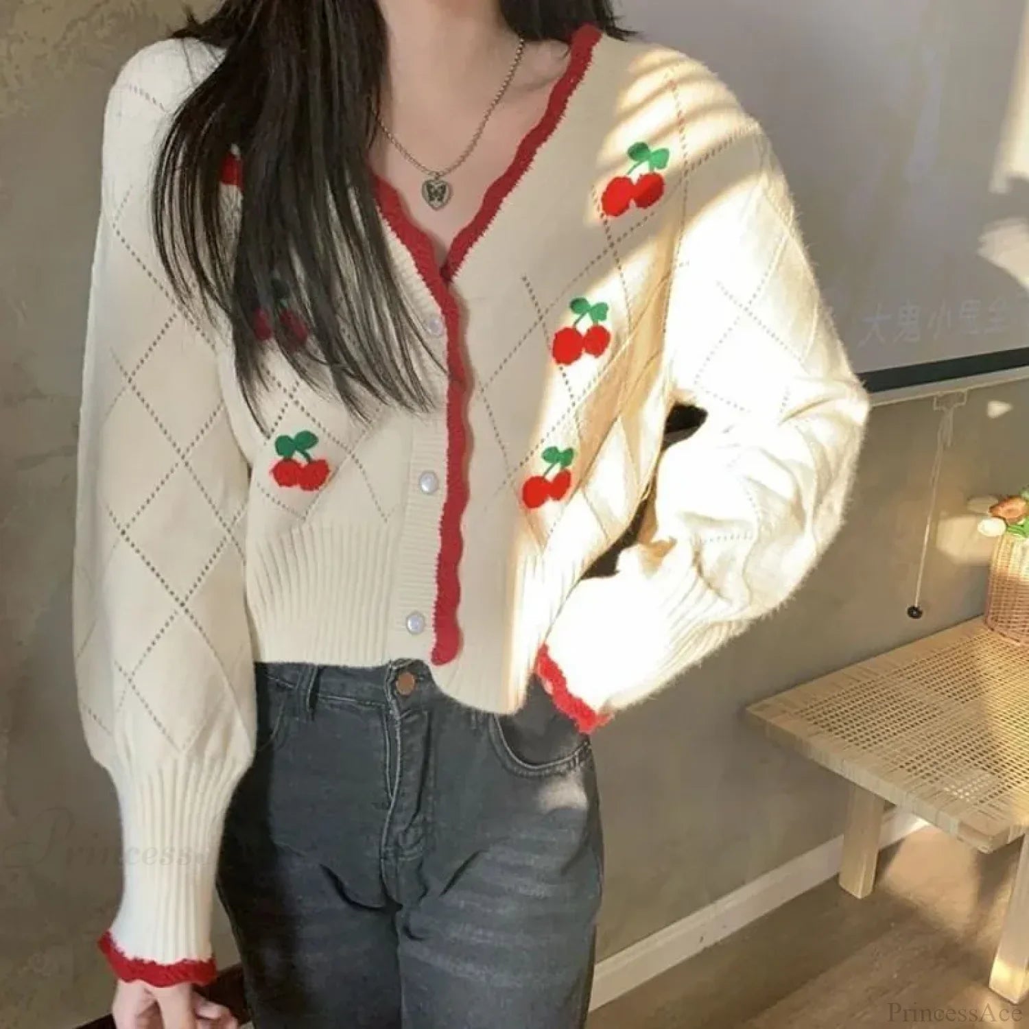 Sweet Cherry Button-Up Patchwork Knit Cardigan image 1