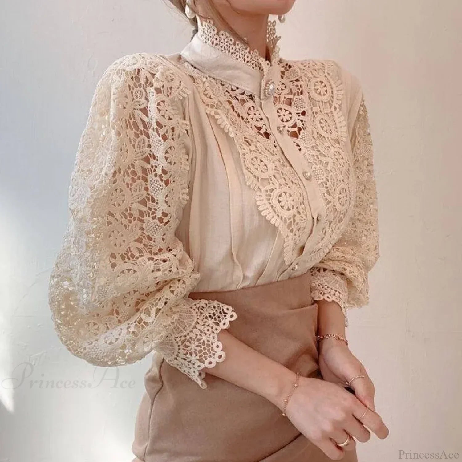 Sweet Hollow Lace Patchwork Button White Blouse image 2