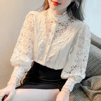 Sweet Hollow Lace Patchwork Button White Blouse image 3