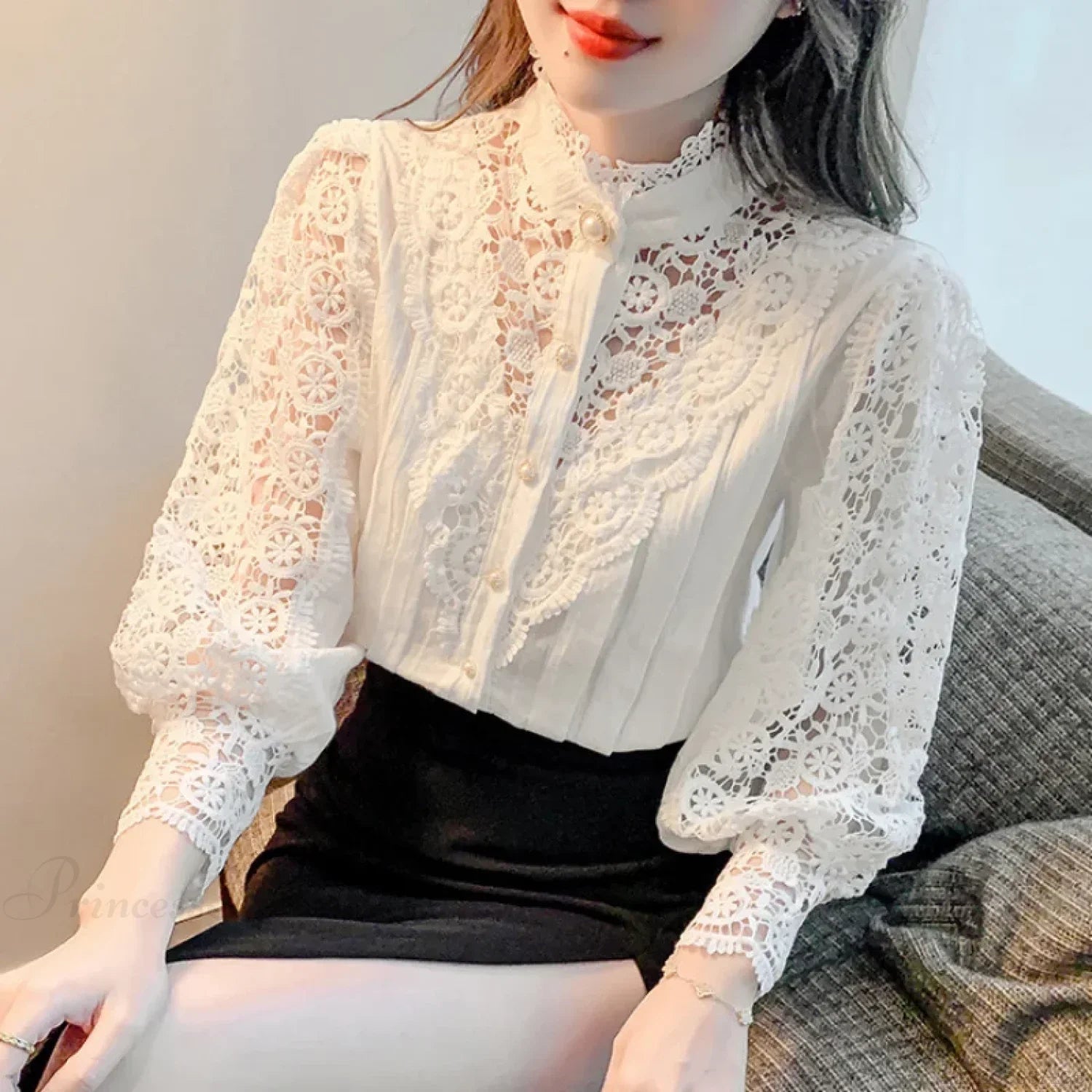 Sweet Hollow Lace Patchwork Button White Blouse image 3