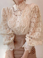 Sweet Hollow Lace Patchwork Button White Blouse image 6