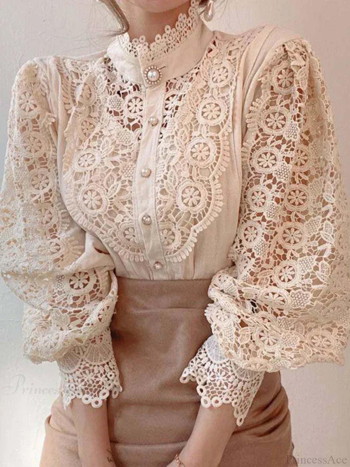Sweet Hollow Lace Patchwork Button White Blouse image 6