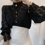 Sweet Hollow Lace Patchwork Button White Blouse image 4