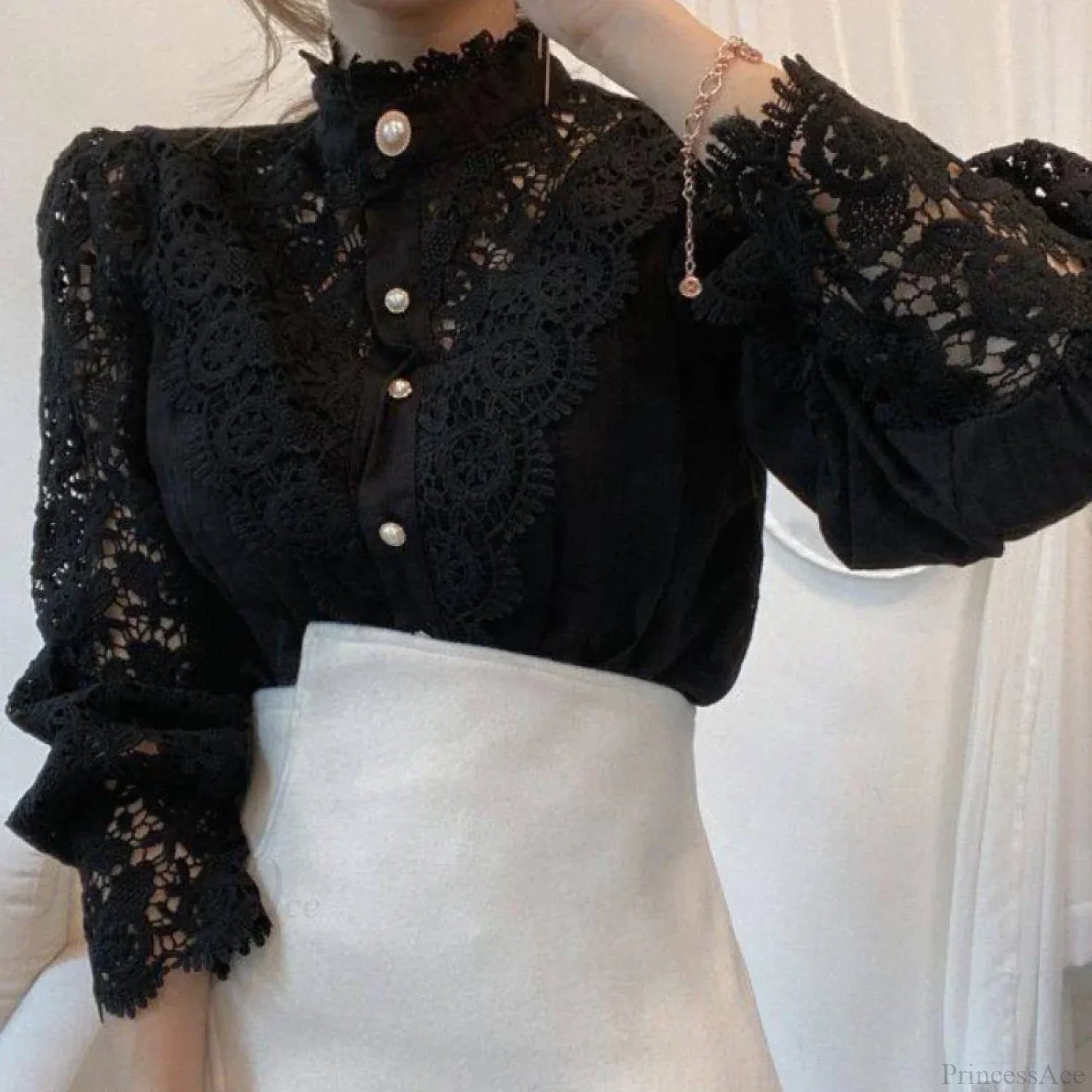 Sweet Hollow Lace Patchwork Button White Blouse image 4
