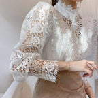 Sweet Hollow Lace Patchwork Button White Blouse image 5