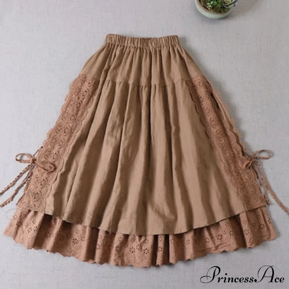 Sweet Japan Style Mori Lace Stitched Linen Skirt image 2