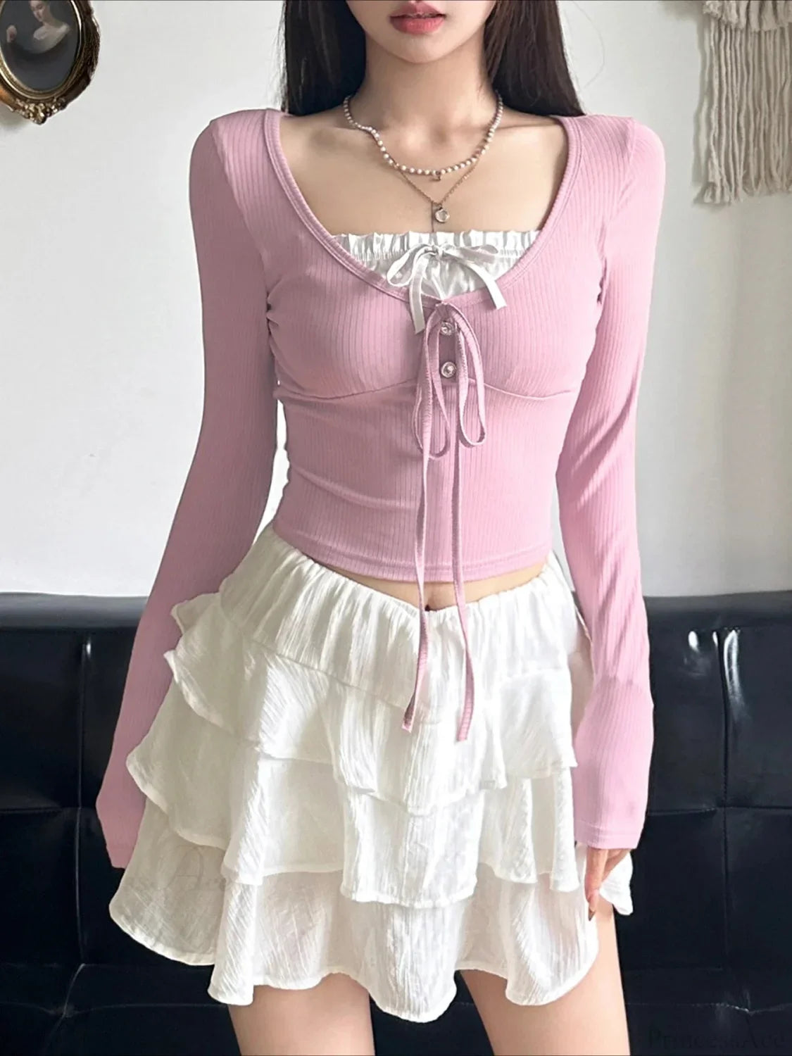 Sweet Patchwork Bandage Slim Square Collar Knit Top image 1