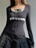 Sweet Patchwork Lace Trim Slim Bow O-Neck Knit Top image 2