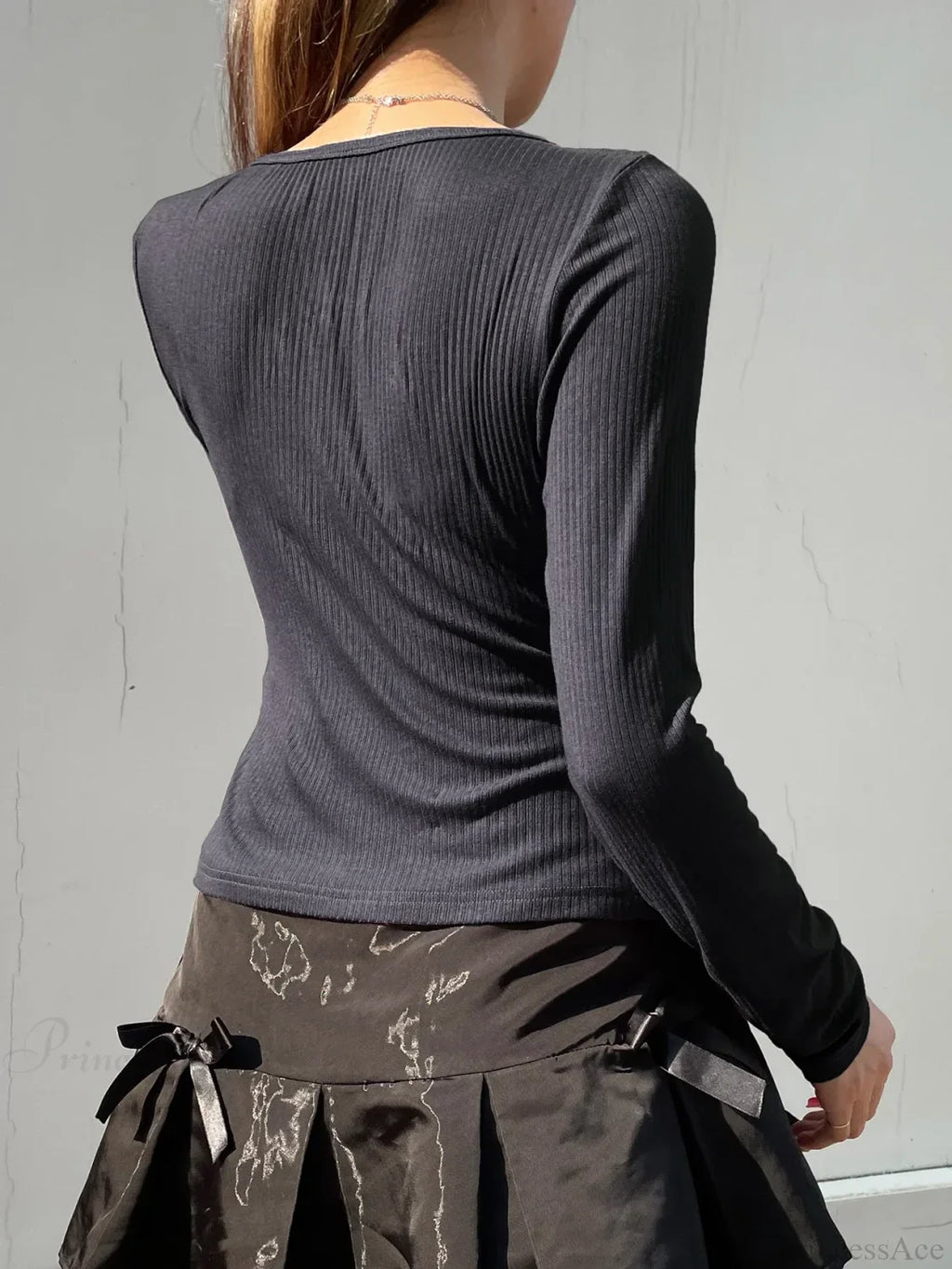 Sweet Patchwork Lace Trim Slim Bow O-Neck Knit Top image 1