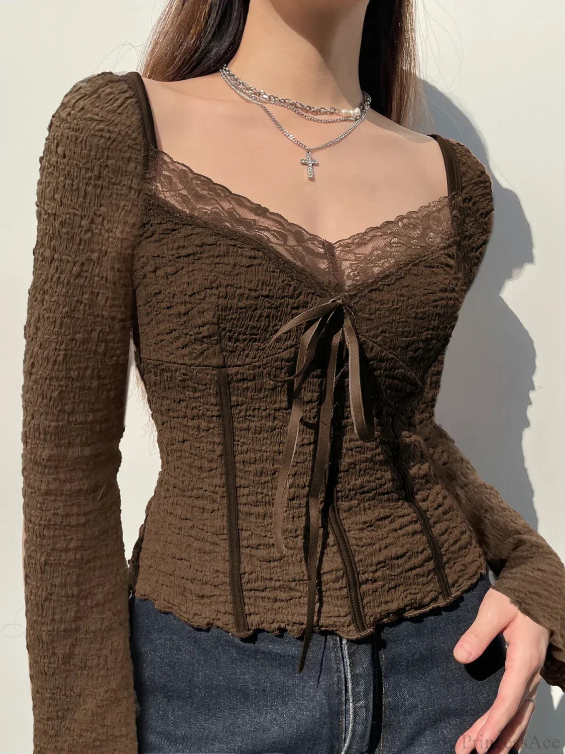 Sweet Patchwork Lace Trim Slim Square Collar Long Sleeve Knit Top image 1