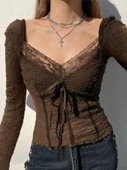 Sweet Patchwork Lace Trim Slim Square Collar Long Sleeve Knit Top image 2