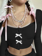 Sweet Slim Bow Lace Trim Cropped Square Collar Knit Top image 1