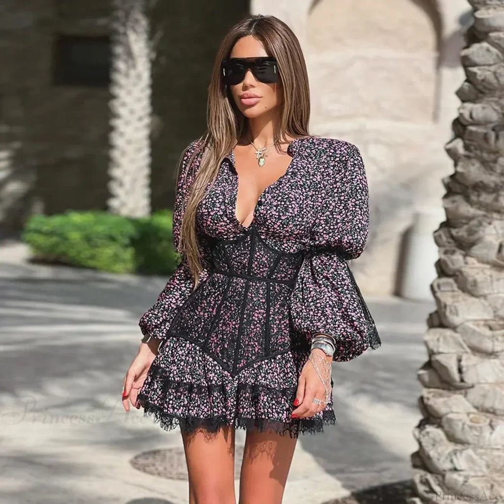 Sweet Small Fresh Print Waist Short Lace Floral Dress image 3