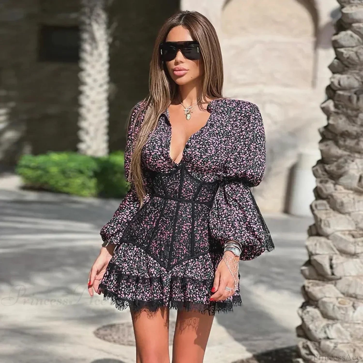 Sweet Small Fresh Print Waist Short Lace Floral Dress image 3