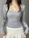 Sweet Solid Bow Slim Square Collar Long Sleeve Knit Top image 1