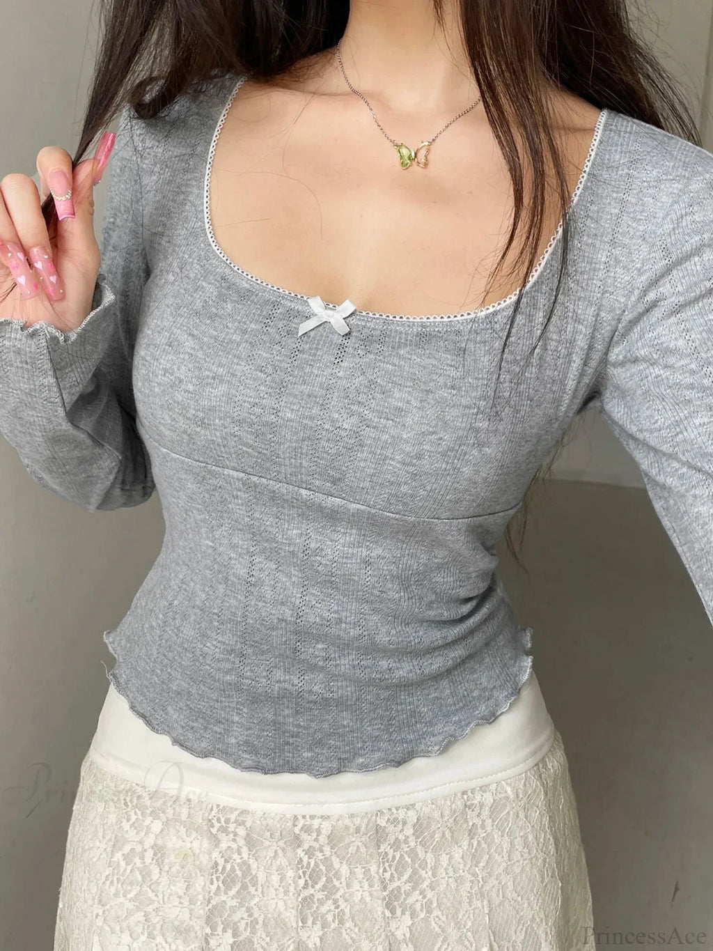 Sweet Solid Bow Slim Square Collar Long Sleeve Knit Top image 2