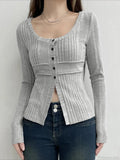 Sweet Solid Split Square Collar Long Sleeve Knit Top image 1