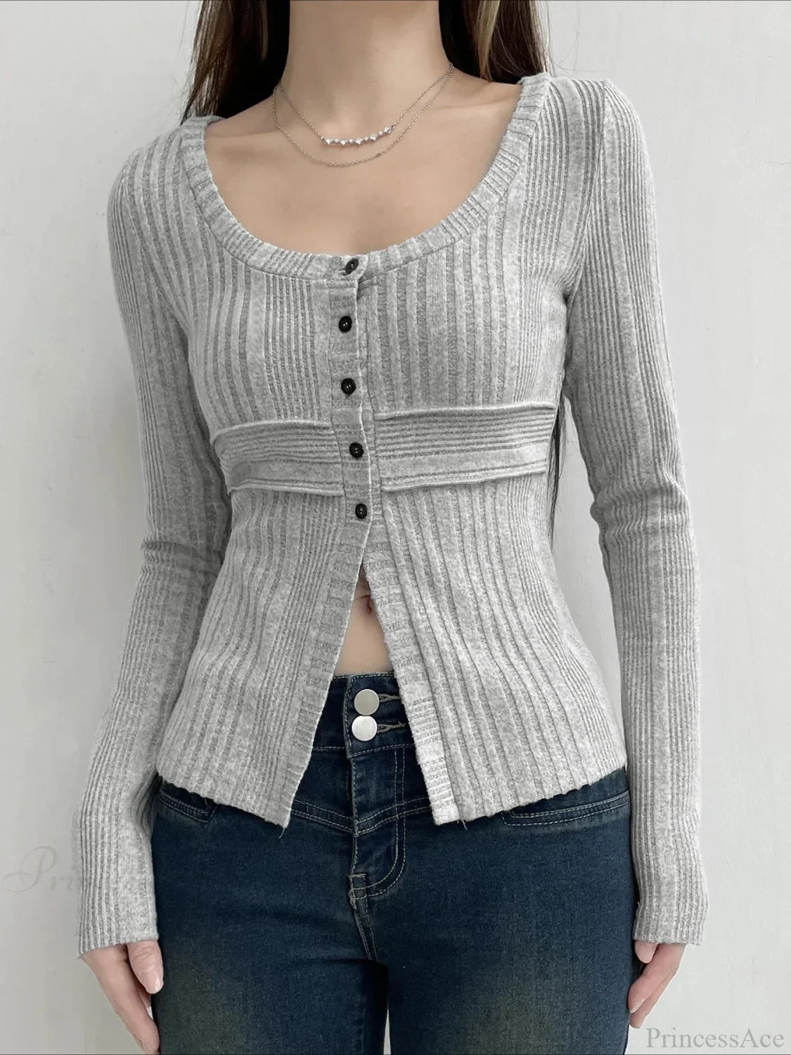 Sweet Solid Split Square Collar Long Sleeve Knit Top image 1