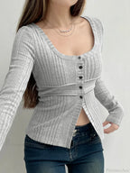 Sweet Solid Split Square Collar Long Sleeve Knit Top image 2