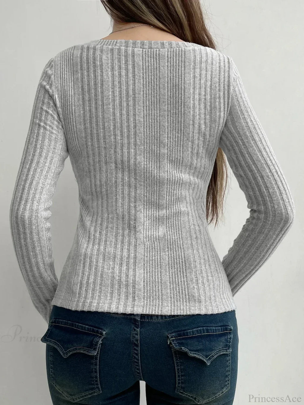 Sweet Solid Split Square Collar Long Sleeve Knit Top image 3